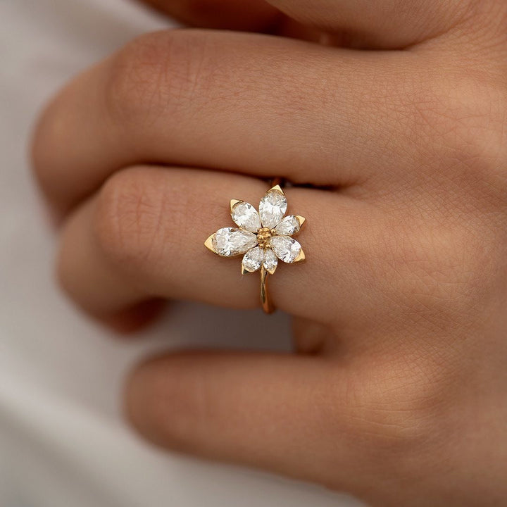 Pear Cut Flower Design Asymmetric Blossom Engagement Ring Shineofdiamond
