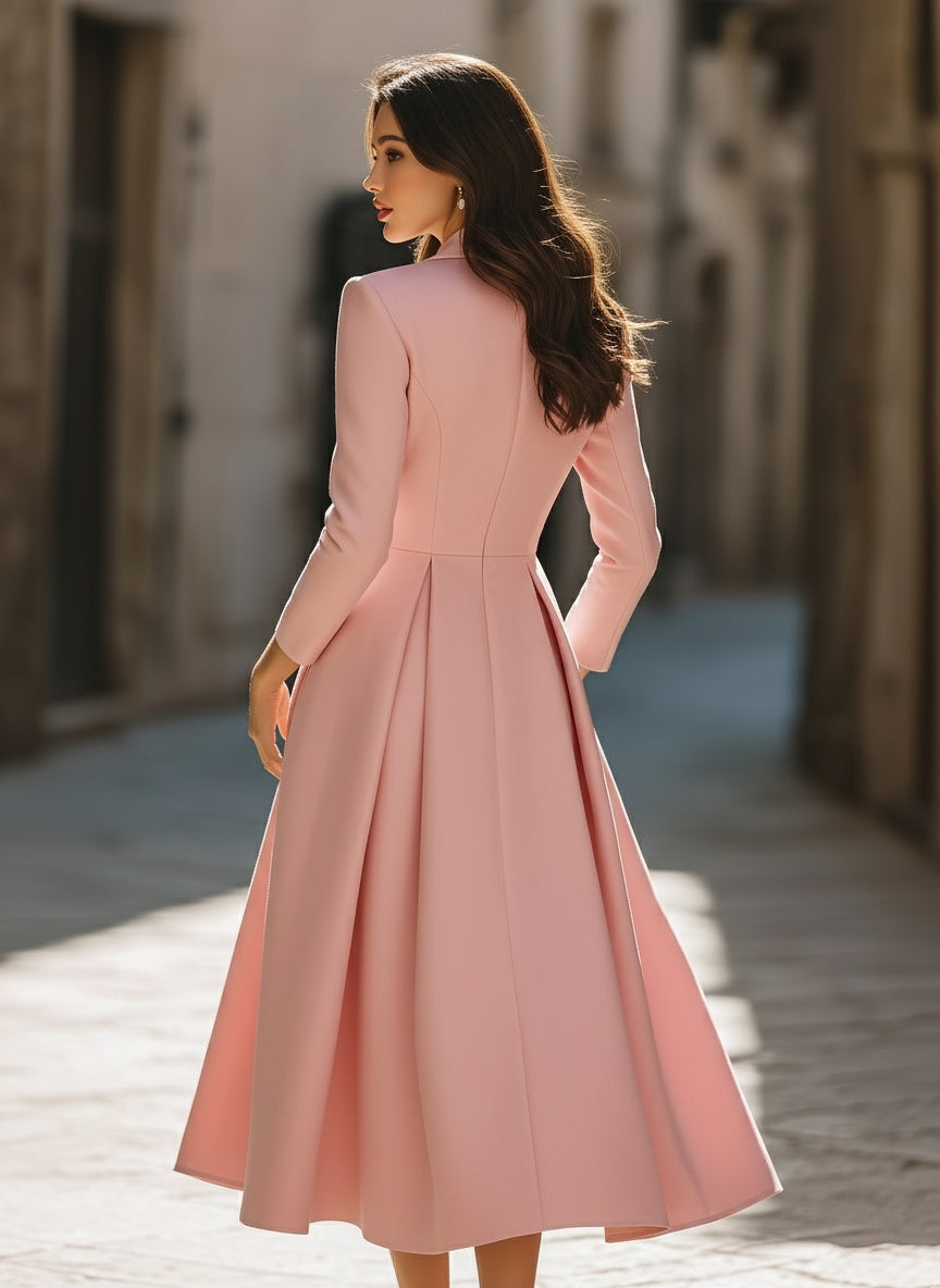 Pleated Blazer-Style Tailored Workwear Dress - Midi Dress