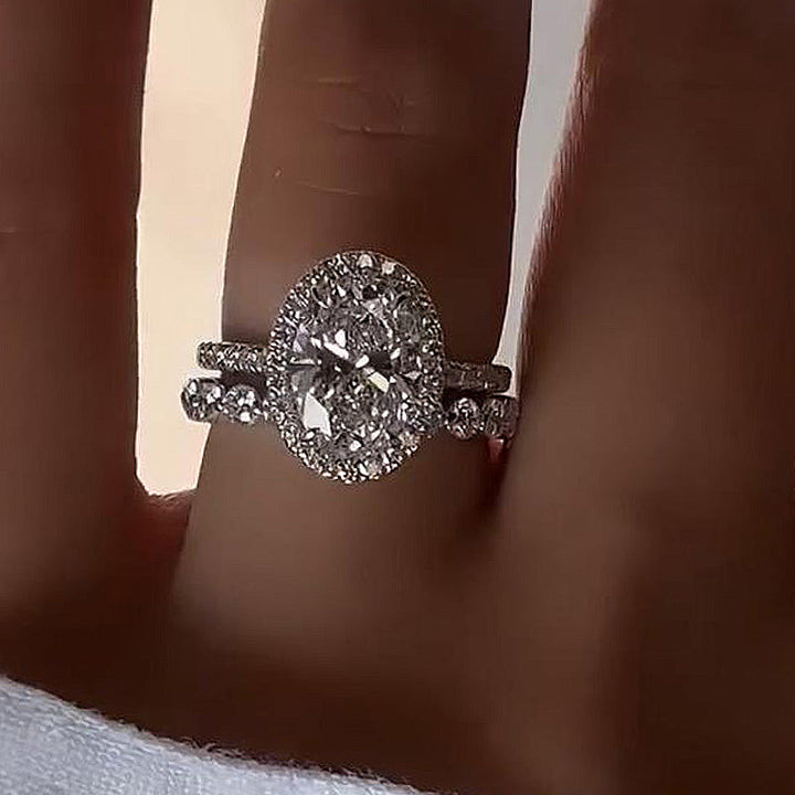 2pcs Halo Oval Cut Wedding Set  In Sterling Silver Shineofdiamond