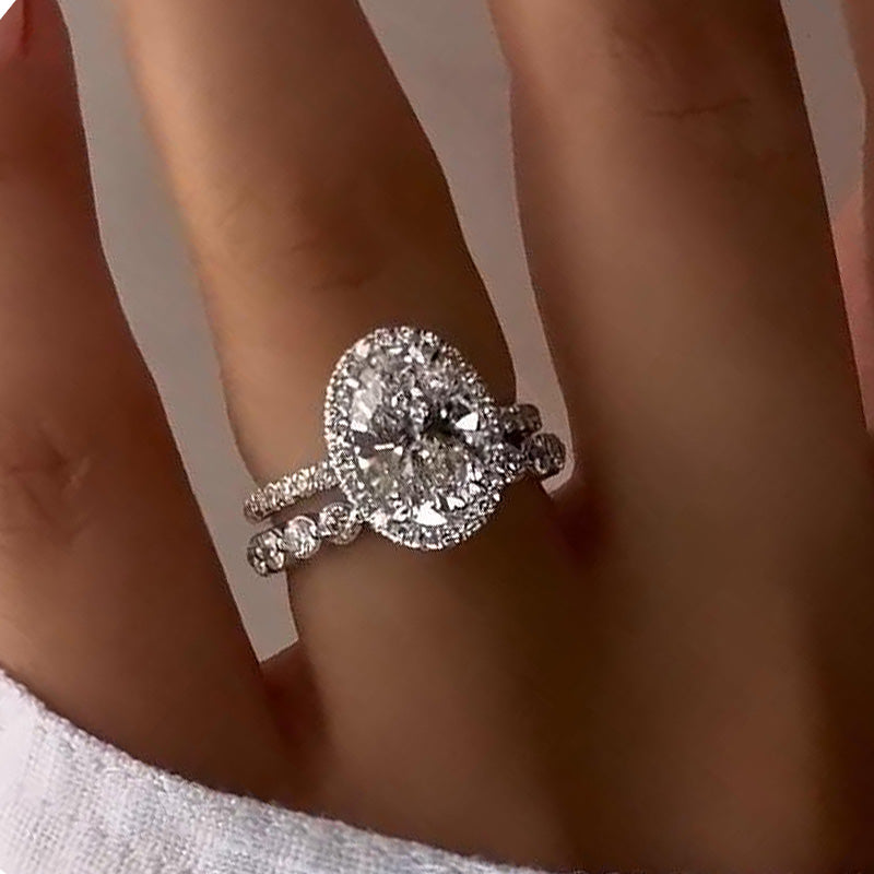 2pcs Halo Oval Cut Wedding Set  In Sterling Silver Shineofdiamond