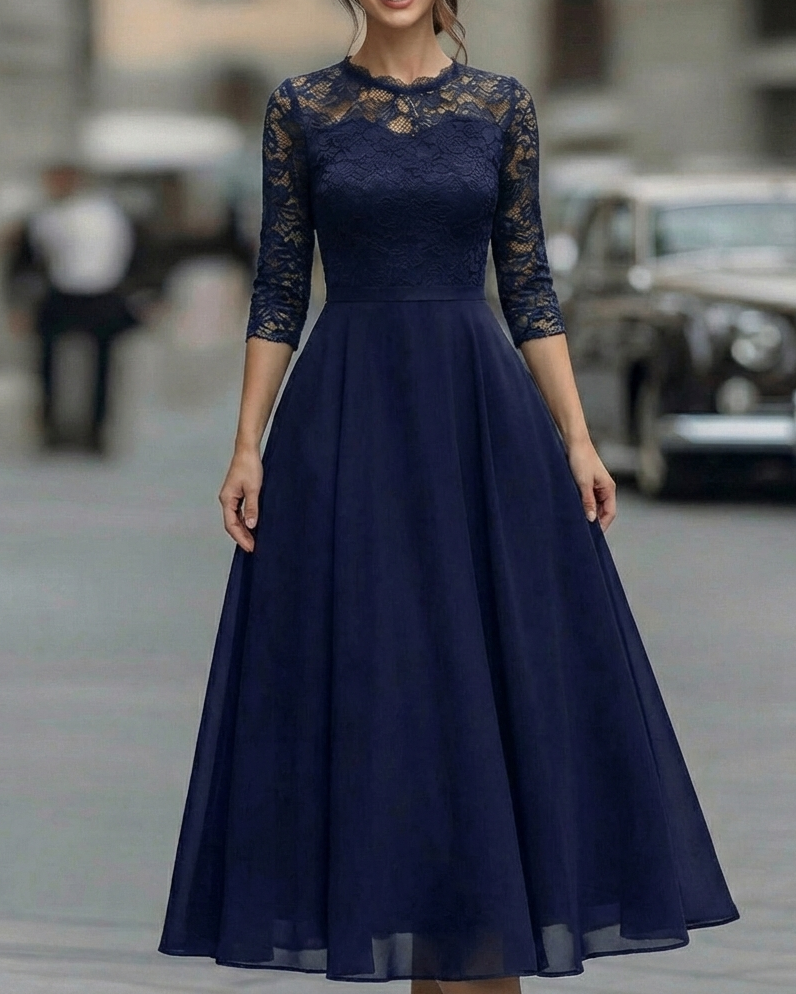 Elegant Lace Bodice Dress with Soft Flowing Skirt