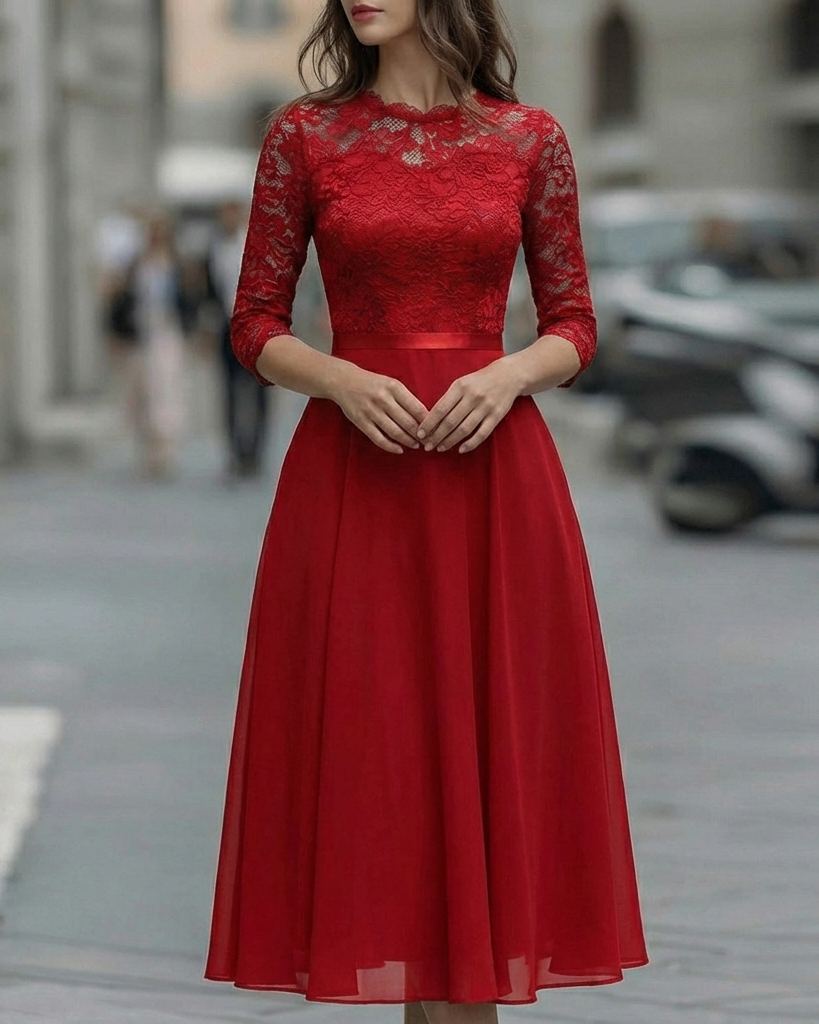 Elegant Lace Bodice Dress with Soft Flowing Skirt