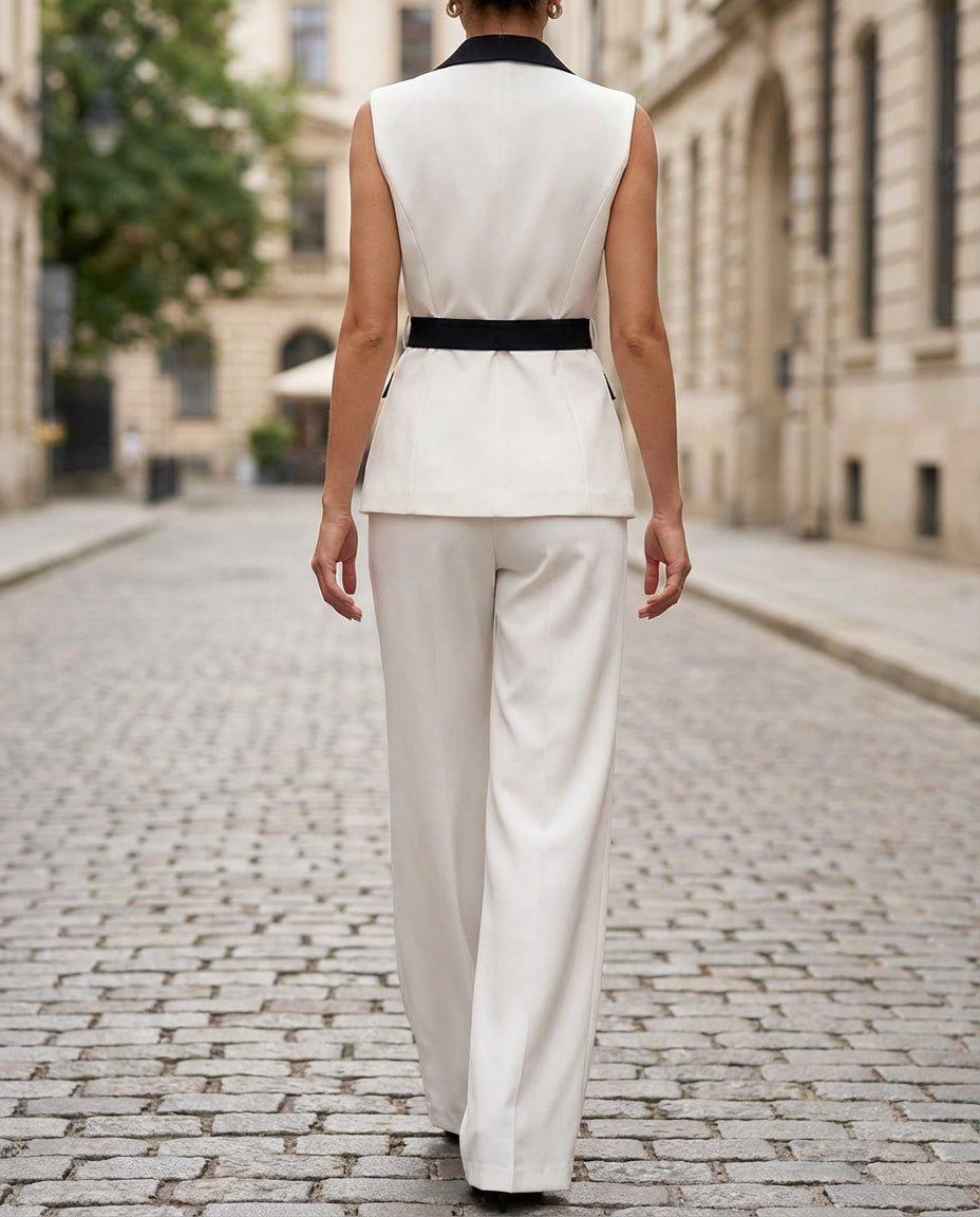 Sleek Two-Tone Tailored Jumpsuit with Satin Lapel & Waist Belt
