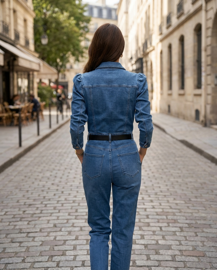 Tailored Denim Belted Jumpsuit with Structured Button Front – Jumpsuit