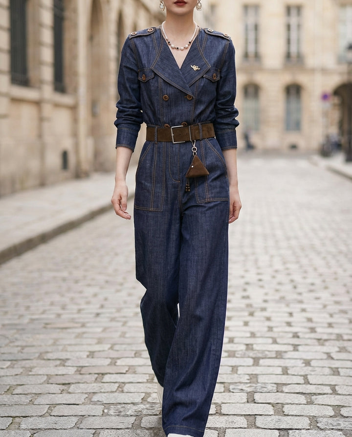 Long-Sleeve Tailored Denim Wide-Leg Jumpsuit