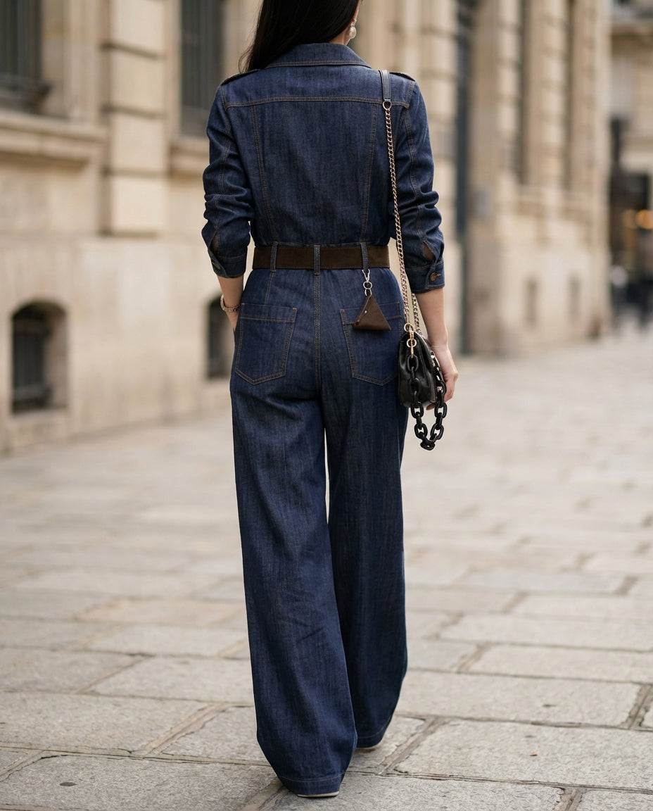 Long-Sleeve Tailored Denim Wide-Leg Jumpsuit