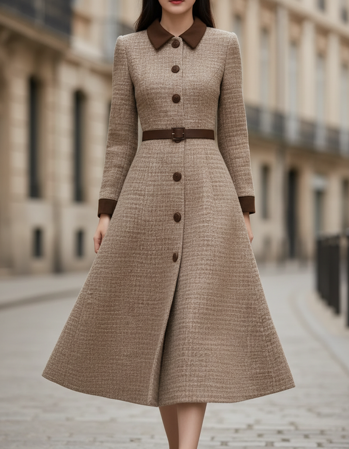 Chocolate Brown Velvet-Trim Belted Silhouette - Midi Dress