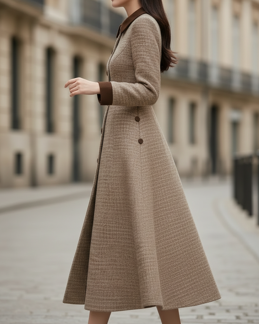 Chocolate Brown Velvet-Trim Belted Silhouette - Midi Dress