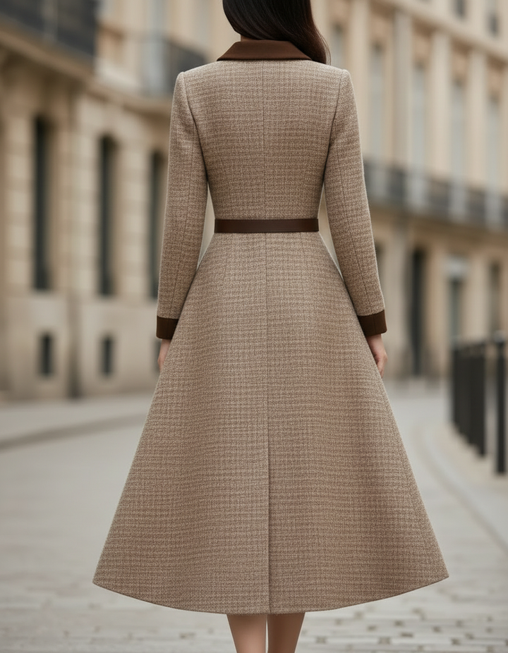 Chocolate Brown Velvet-Trim Belted Silhouette - Midi Dress