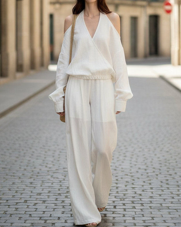 Halter Cold-Shoulder Wide-Leg Jumpsuit