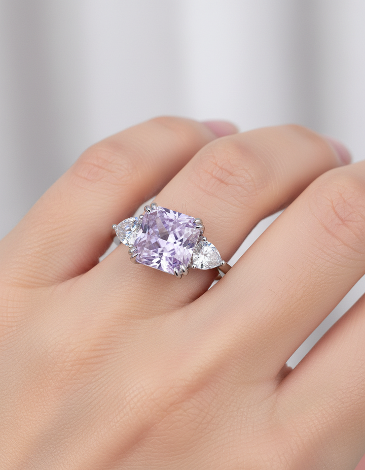 Elegant Three Stone Cushion Cut Sterling Silver Ring