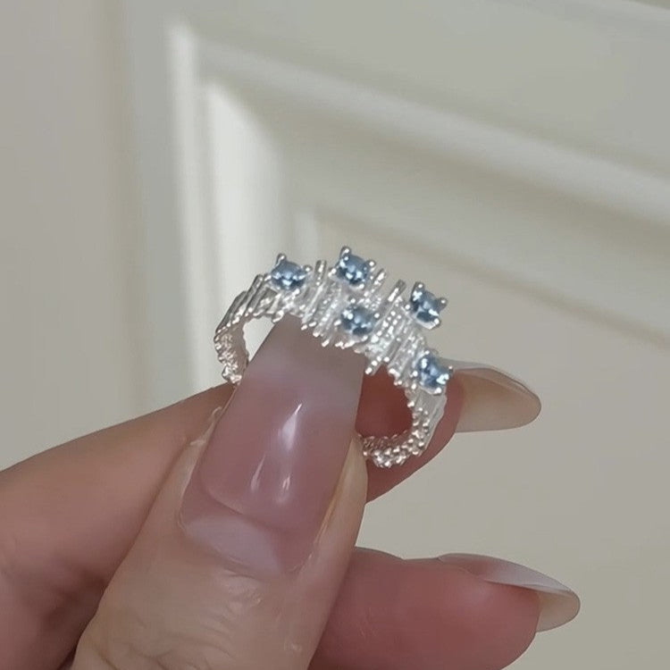 Irregular Wrinkle Blue Stone Open Ring In Sterling Silver Shineofdiamond