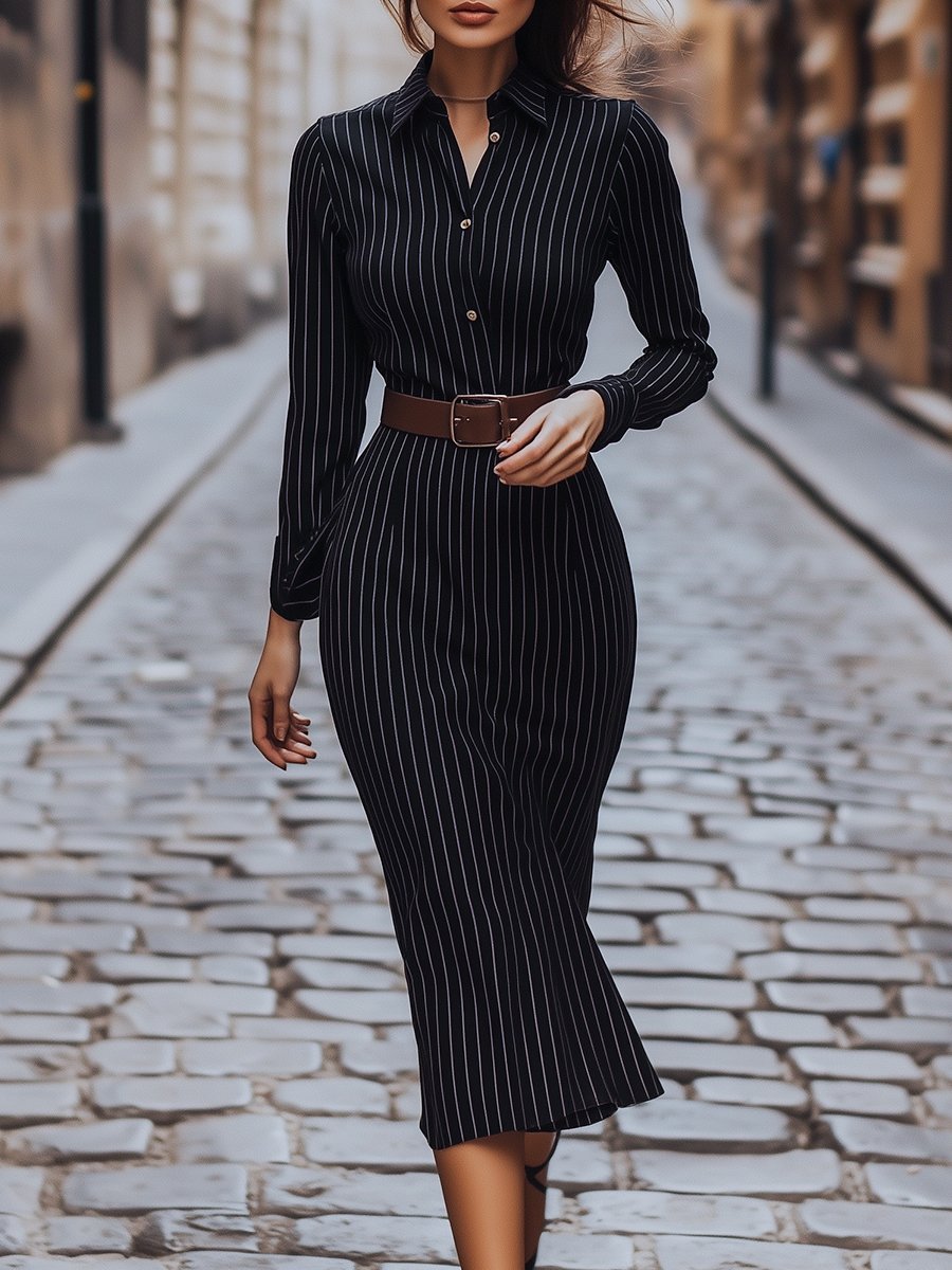 Classic Black Pinstripe Button-Down - Shirt Dress
