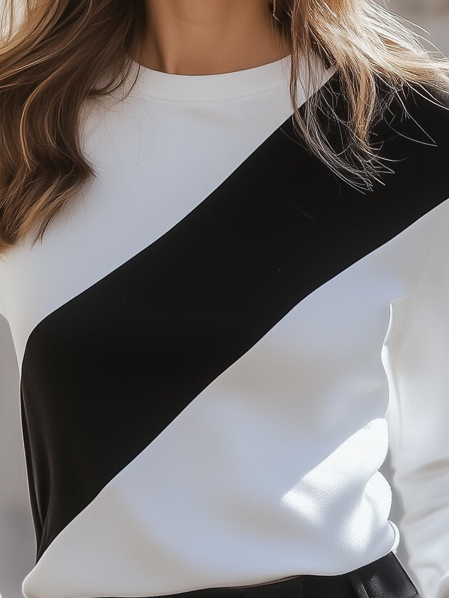 Black and White Diagonal Colorblock Casual Tee - T-Shirt