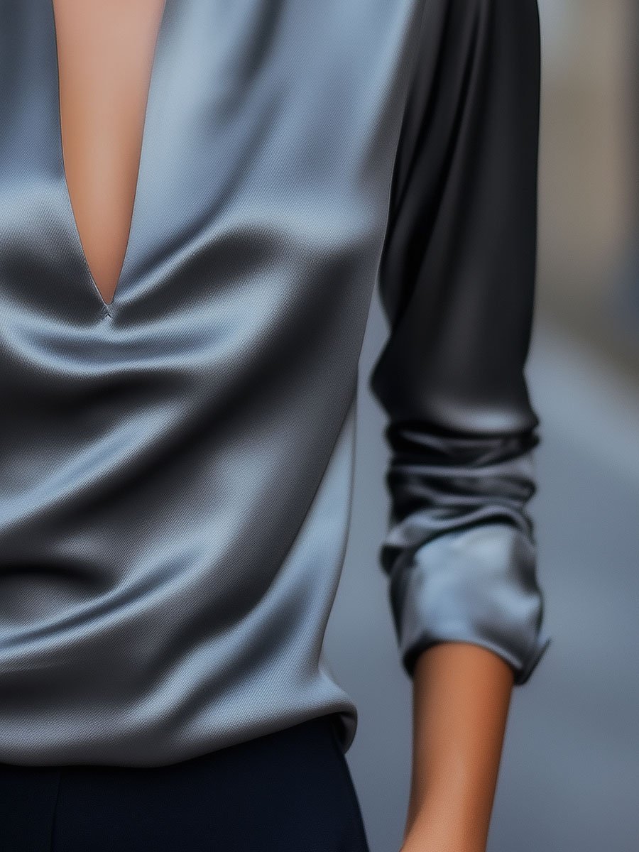 Sleek Silver Satin Plunge V-Neck - Blouse
