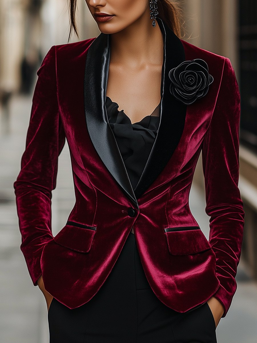 Burgundy Velvet Blazer with Satin Lapels and Black Rose Detail ZJ
