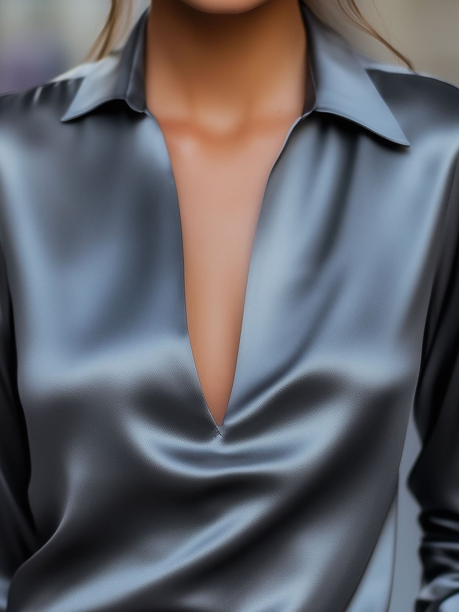 Sleek Silver Satin Plunge V-Neck - Blouse