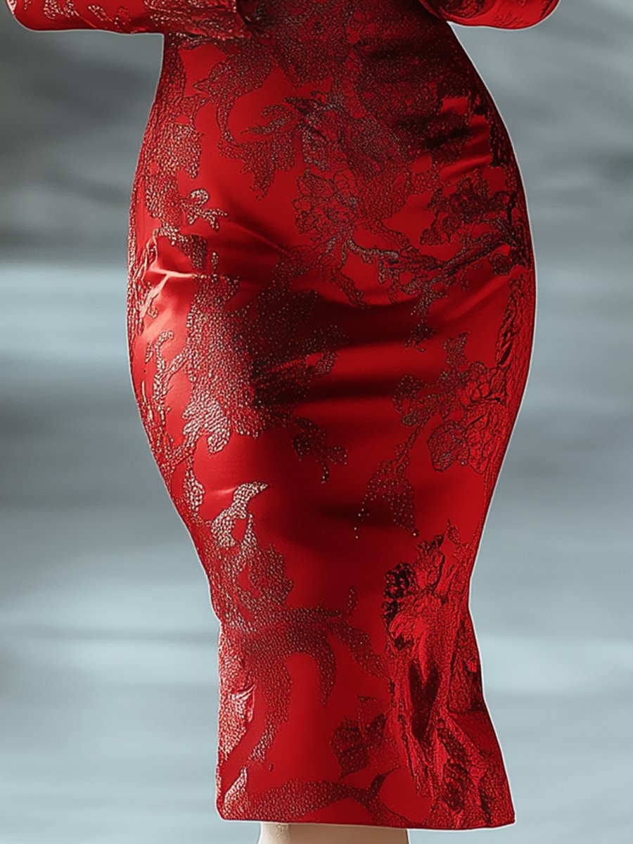 Timeless Red Printed Satin Evening - Maxi Dress