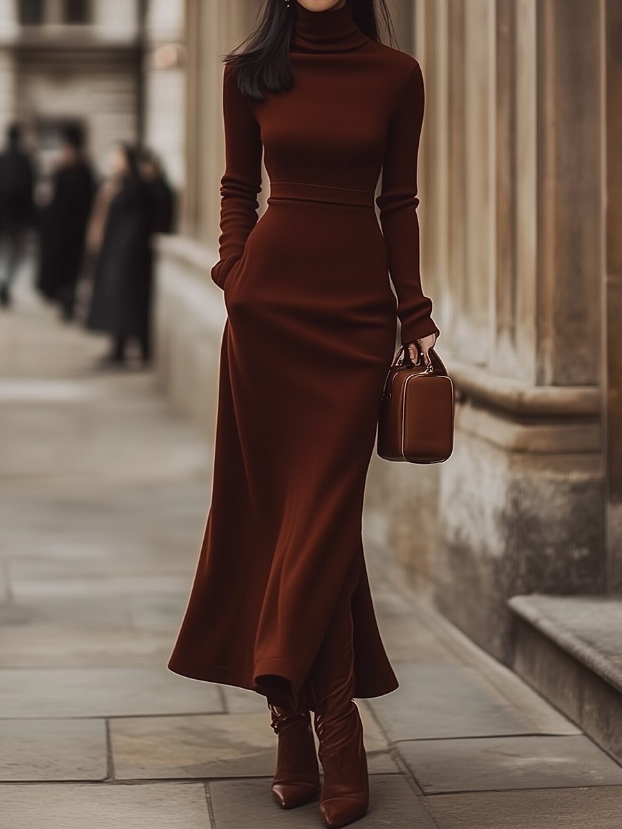 Classic Chocolate Brown Turtleneck - Midi Dress