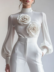 Elegant White High-Neck 3D Floral Detail - Blouse