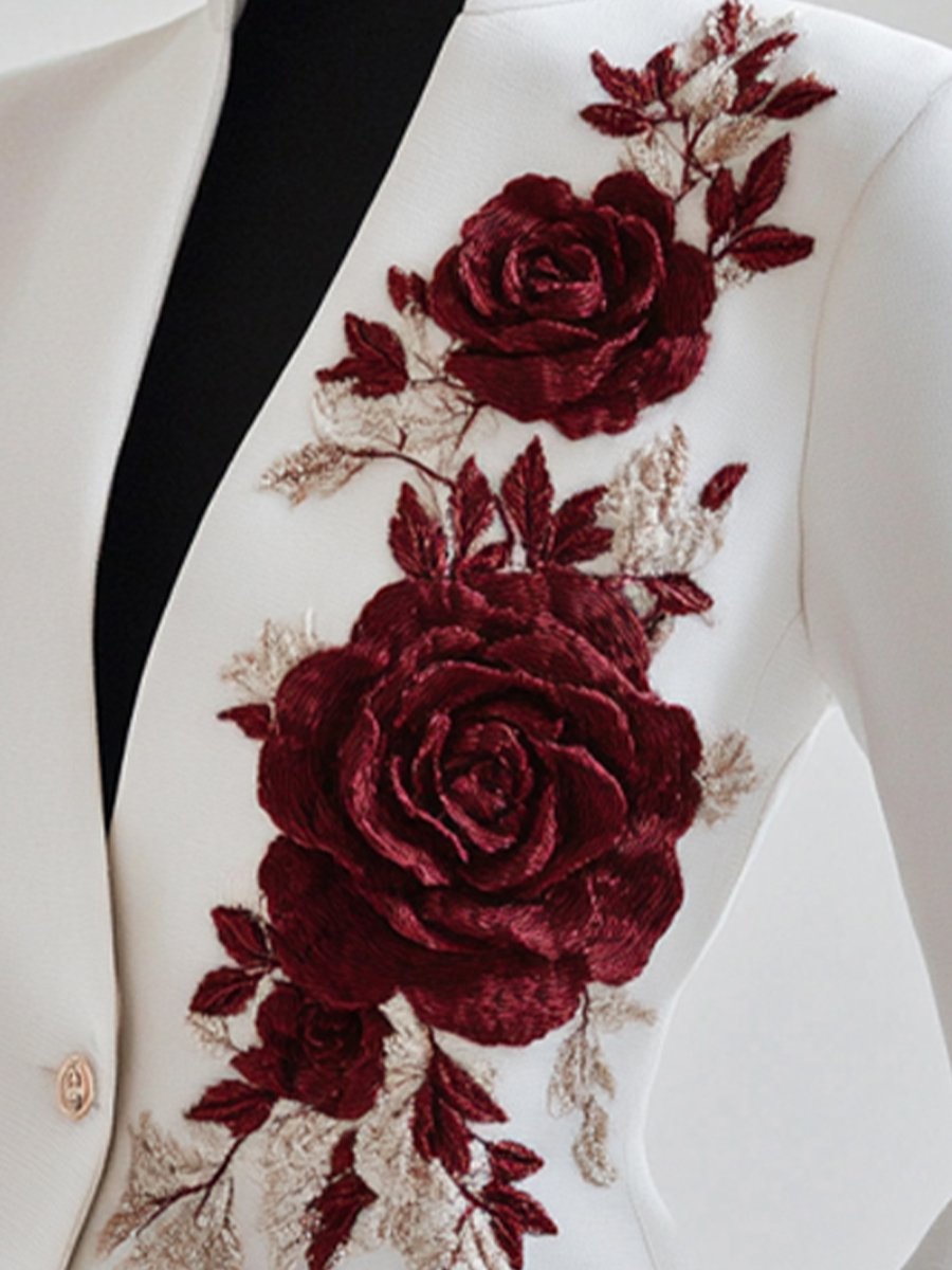 White Tailored Blazer with Red Rose Embroidery - Blazer