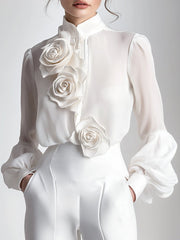 Modern White 3D Rose Applique - Women's Blouse