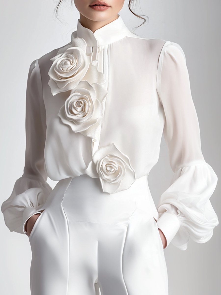 Modern White 3D Rose Applique - Women's Blouse