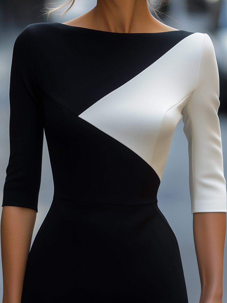 Black and White Colorblock Minimalist Style - Midi Dress