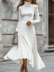 Chic White Turtleneck Cotton Knit - Midi Dress