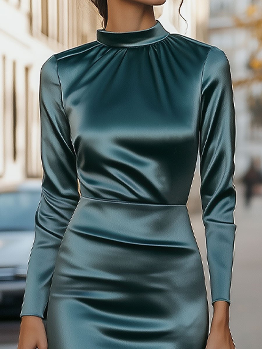 Satin High-Neck Draped Evening Silhouette - Maxi Dress