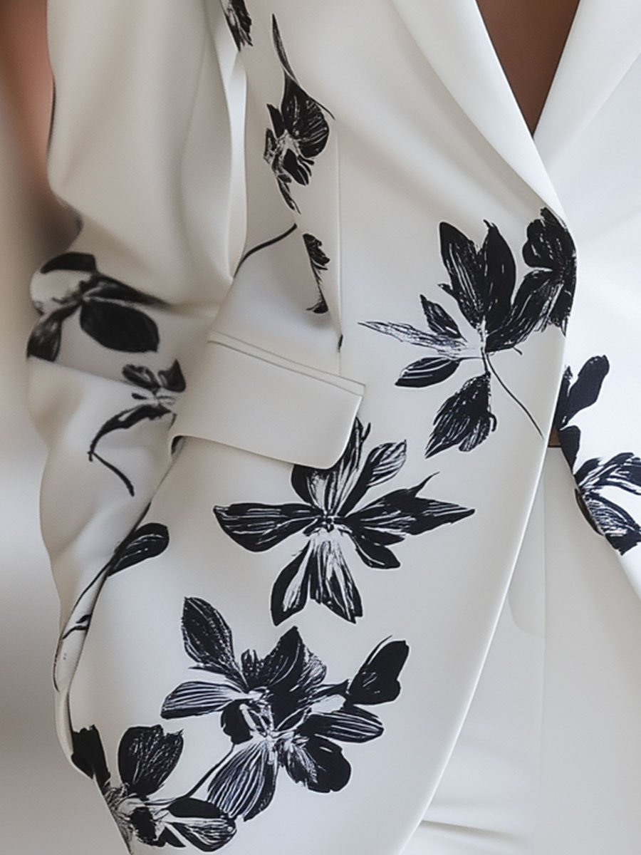 White Blazer with Bold Black Floral Print - Women's Blazer