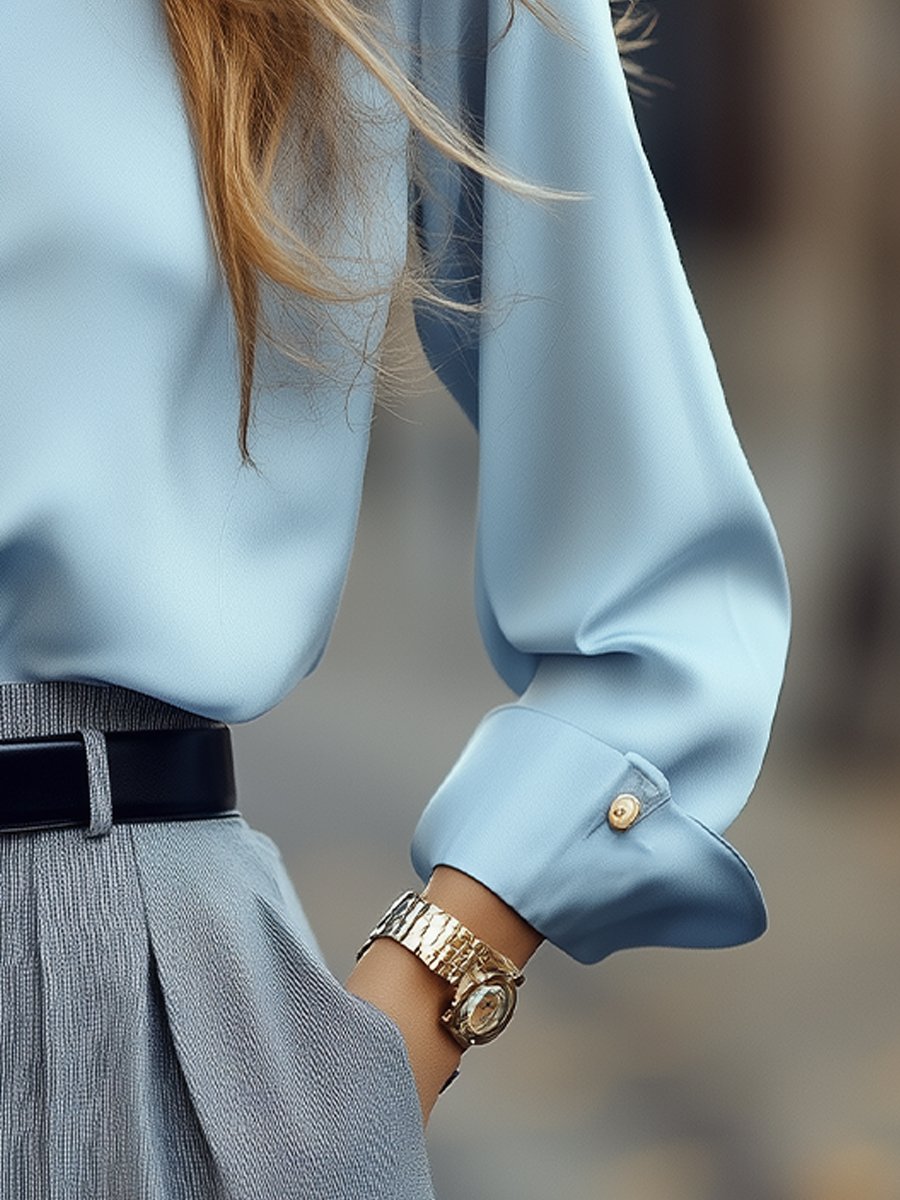 Elegant Powder Blue Shirt with Gold Buttons - Button-Up Shirt