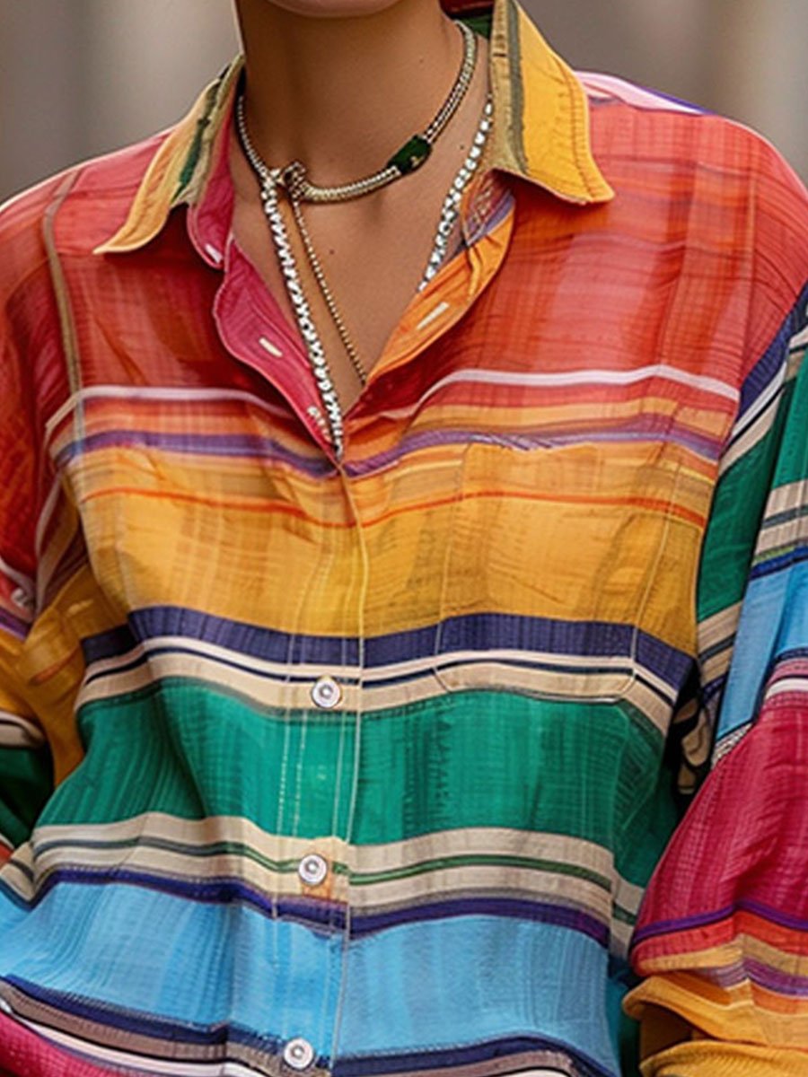 Shirt-Collar Rainbow Stripe Linen Top - Blouse