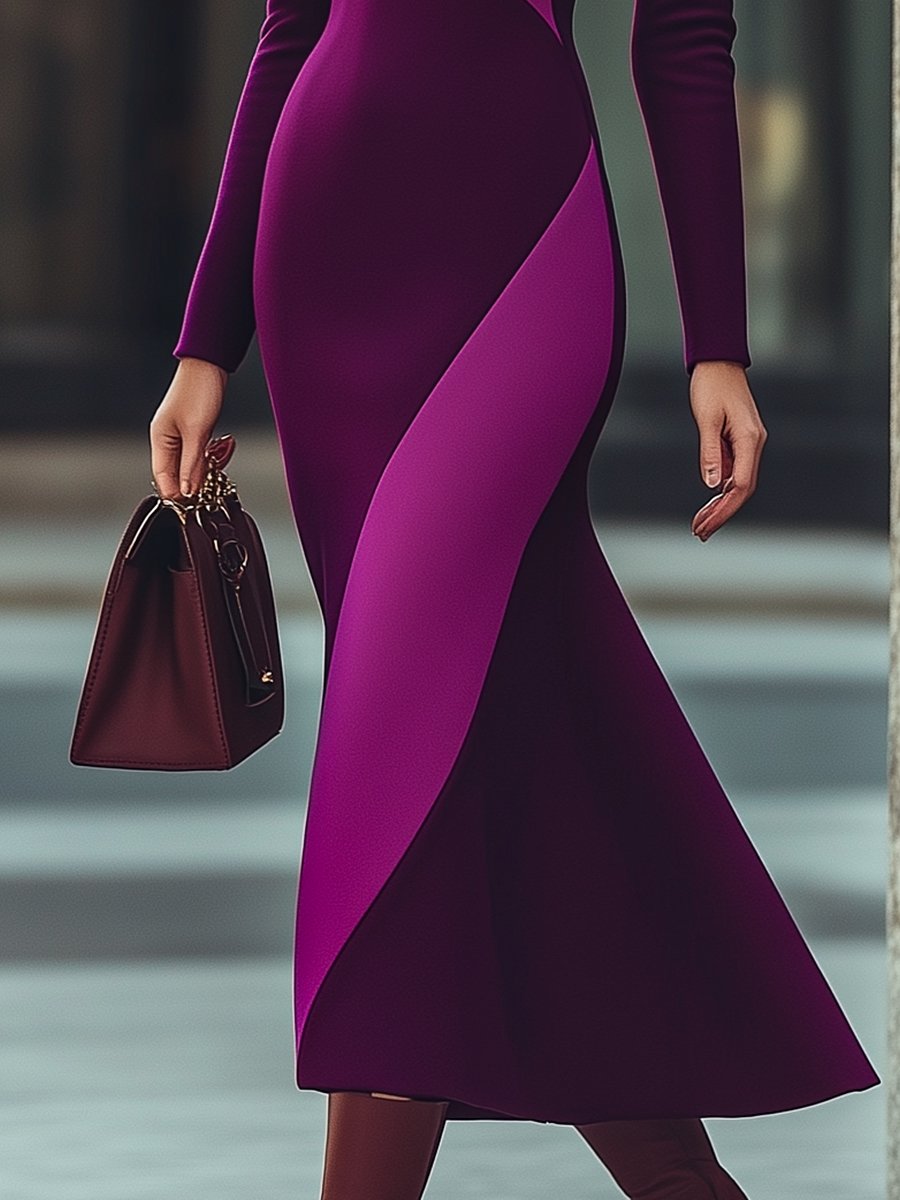 Elegant Plum & Lavender High-Neck Slim-Fit - Midi Dress