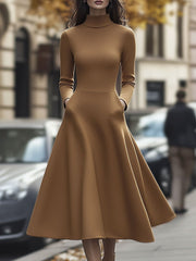 Elegant Camel High-Neck A-Line - Midi Dress