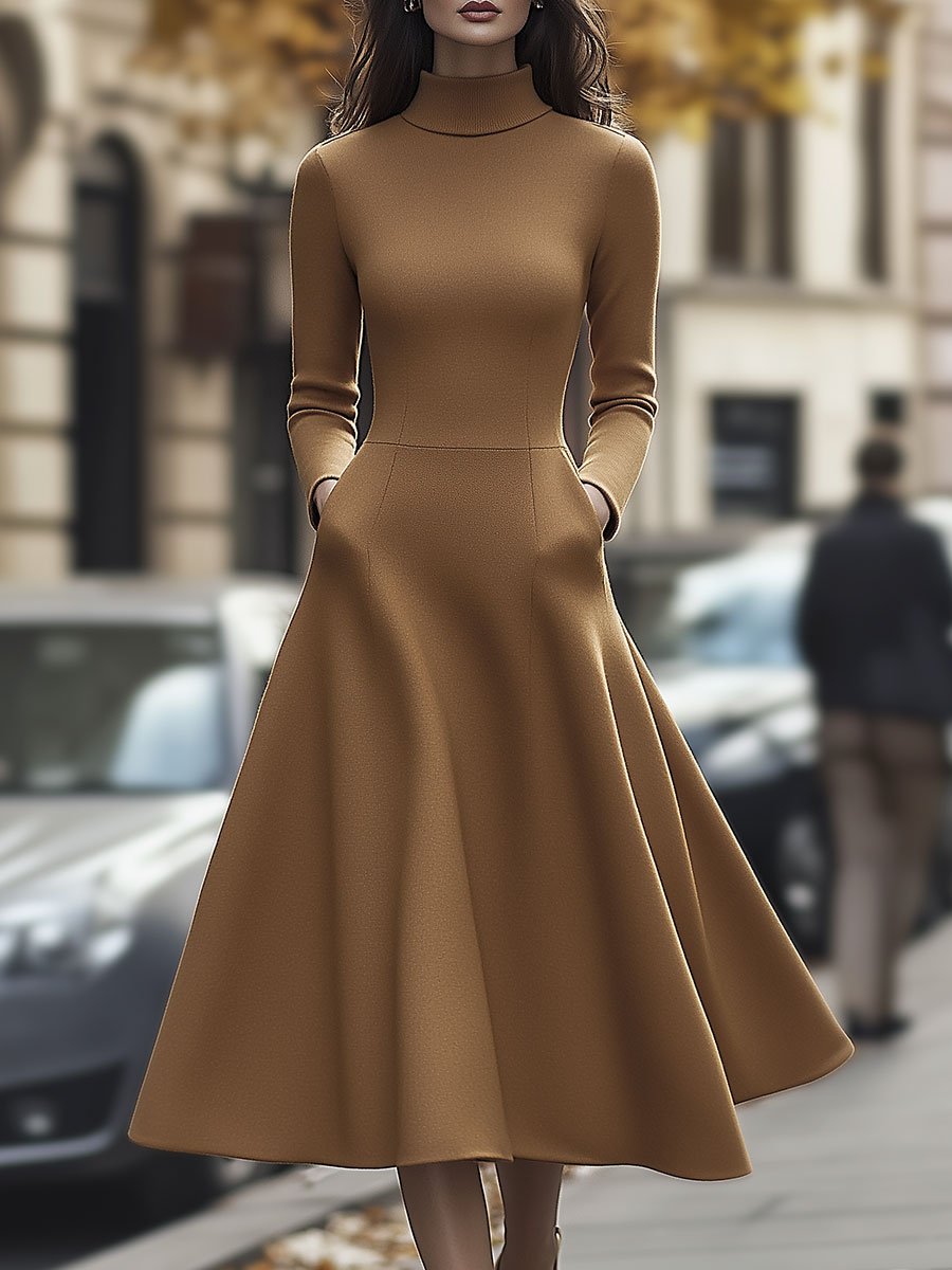 Elegant Camel High-Neck A-Line - Midi Dress