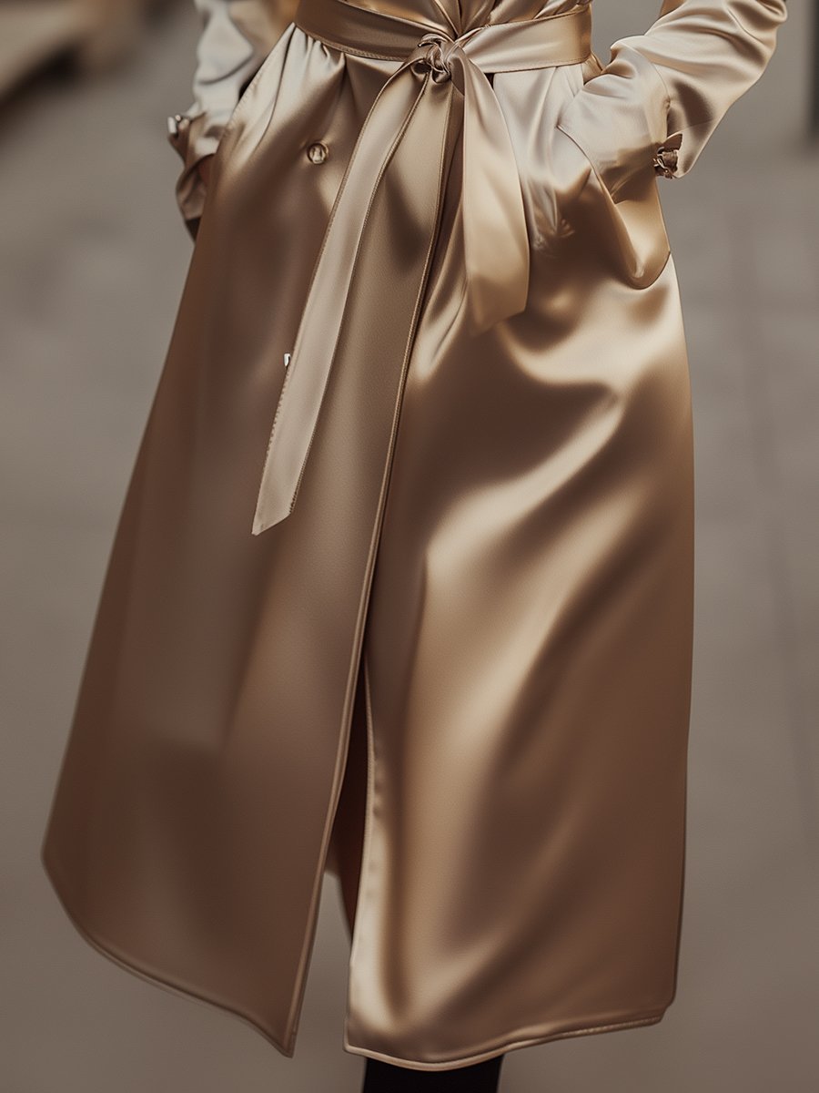 Women's Champagne Satin Tailored Trench, Timeless Elegance - Trench Coat