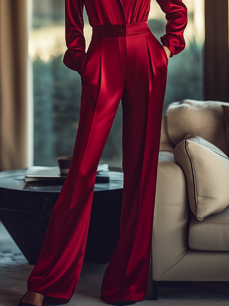 Luxurious Red Satin Buttoned-Waist - Jumpsuit