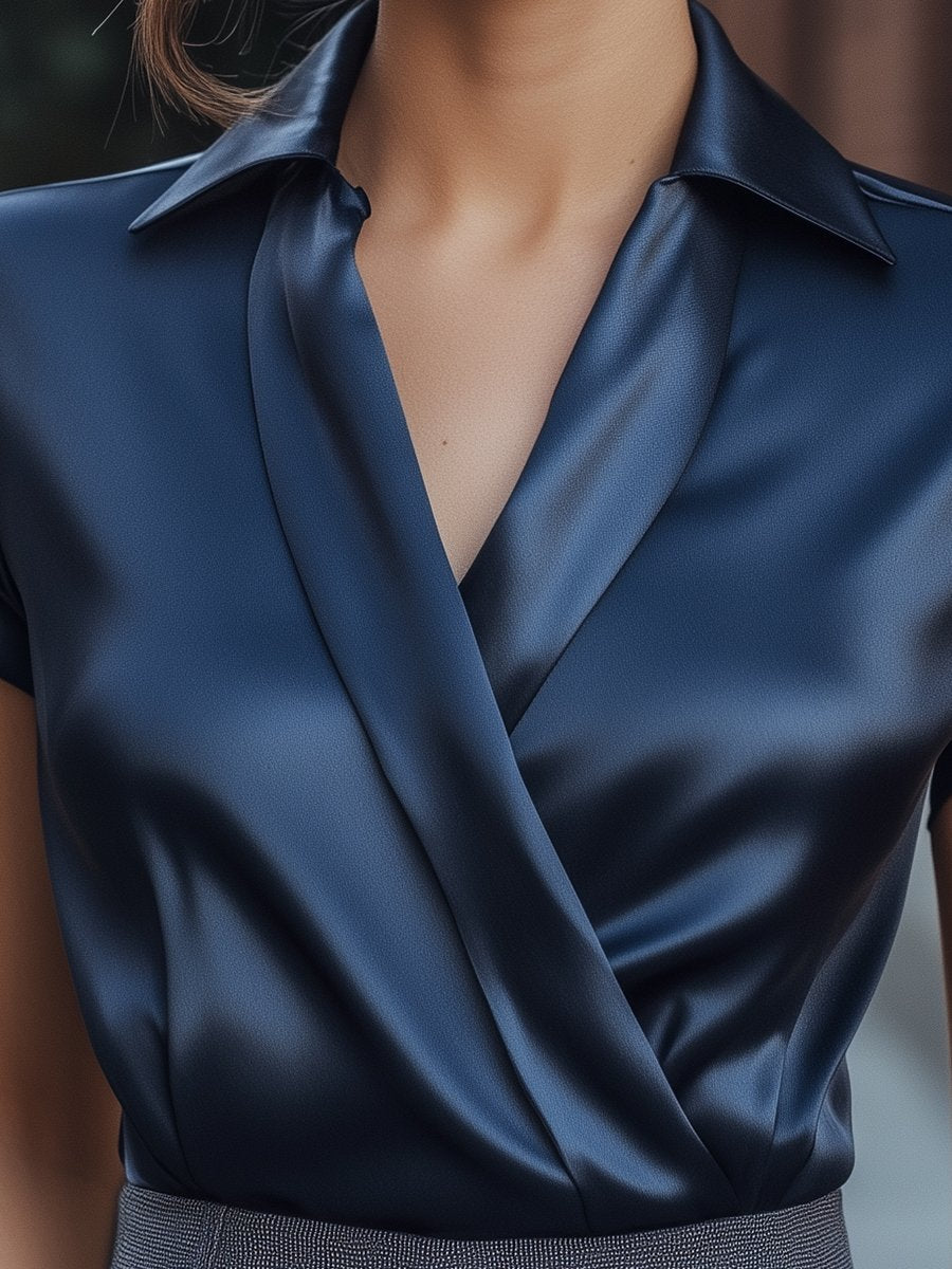 Navy Satin Short-Sleeve Wrap - Blouse
