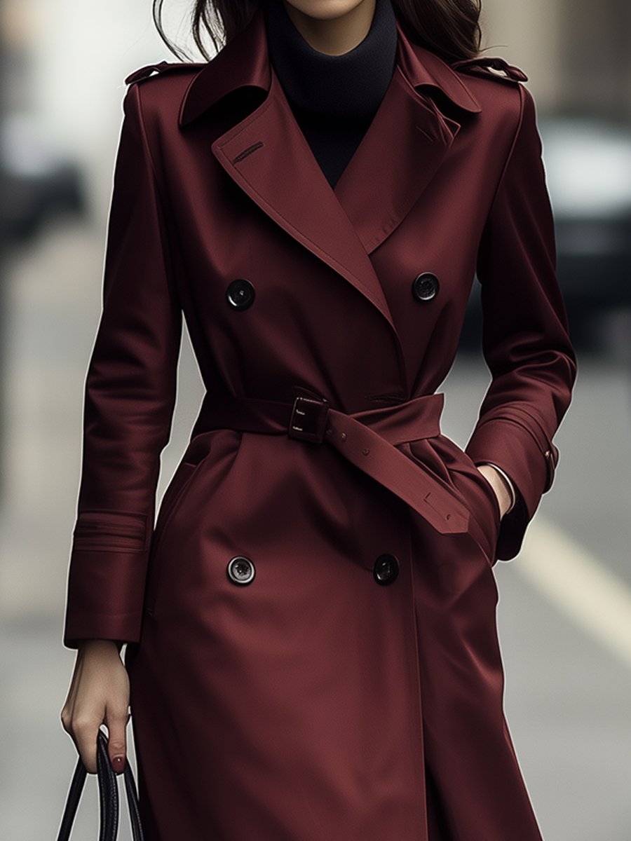 Classic Burgundy Double-Breasted Belted Trench - Trench Coat