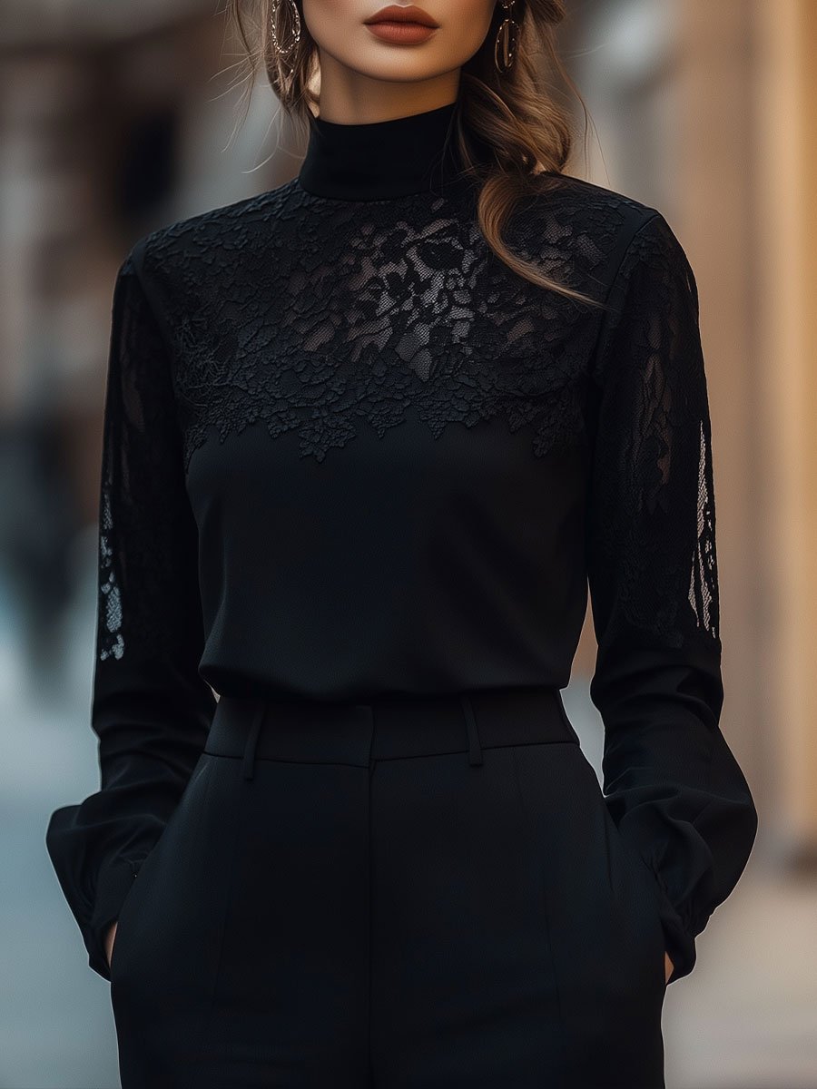 Elegant Sheer Lace Panel Long Sleeve - Blouse