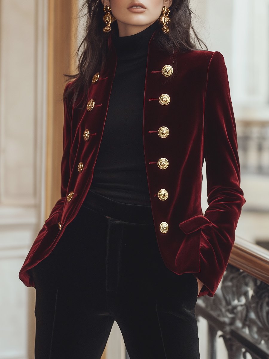 Women's Velvet Blazer with Gold Trim - Jacket