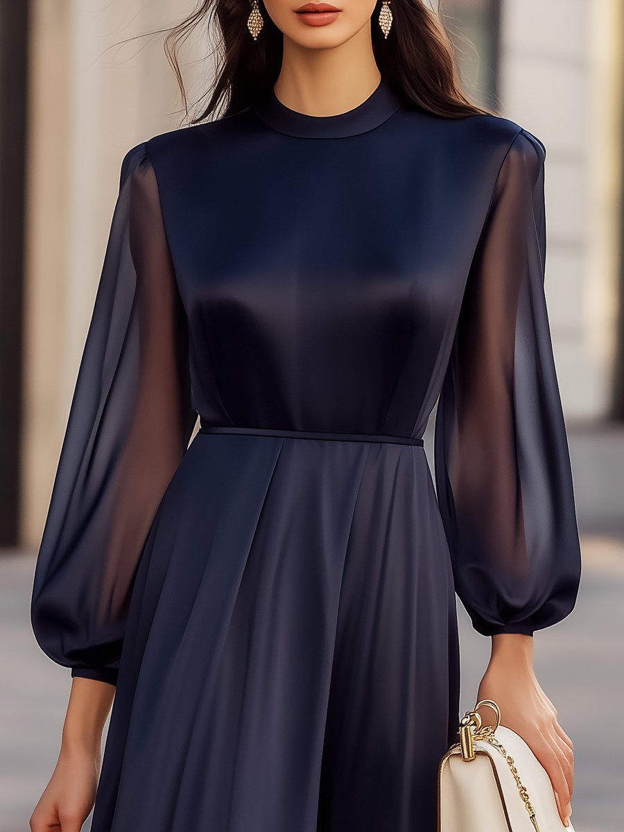 Elegant Navy Chiffon Sheer-Sleeve - Midi Dress