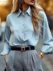 Elegant Powder Blue Shirt with Gold Buttons - Button-Up Shirt