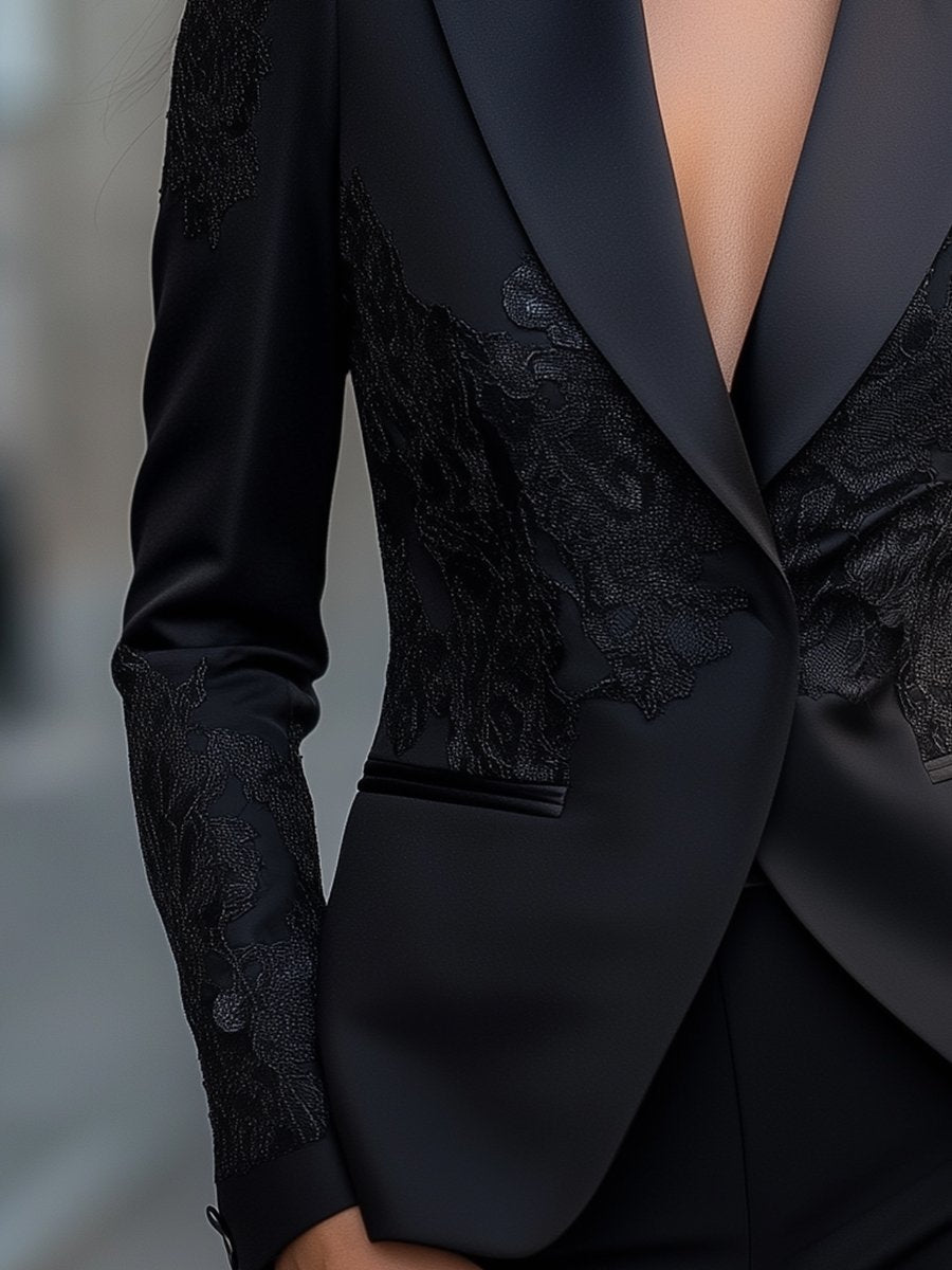 Black Satin Lace Embroidery Detail - Blazer