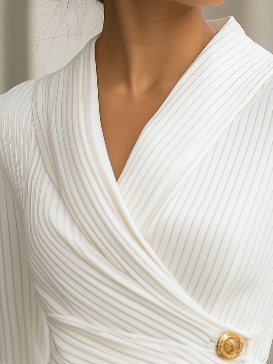 White Striped Pleated Wrap with Gold Buttons - Blouse