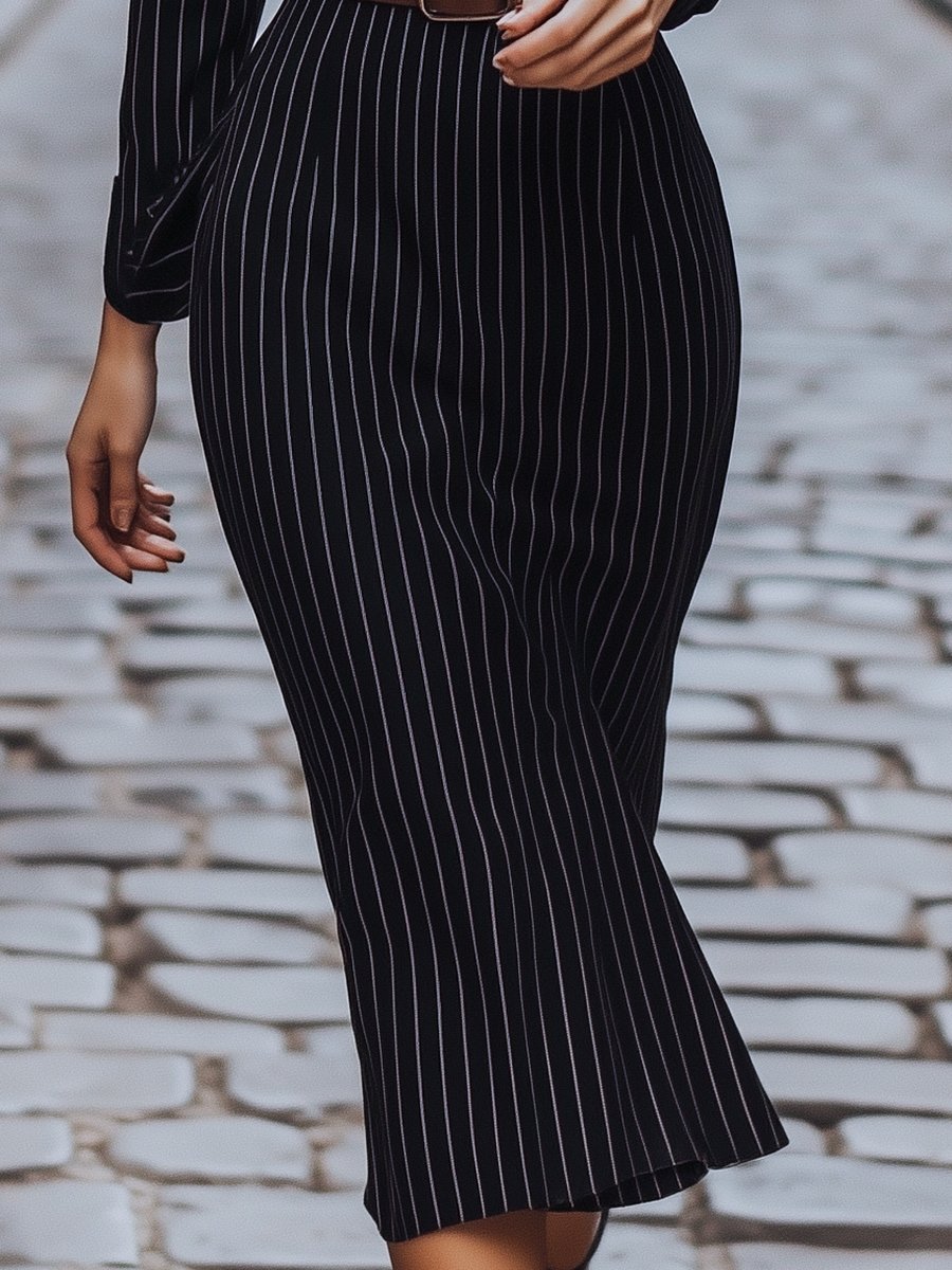 Classic Black Pinstripe Button-Down - Shirt Dress