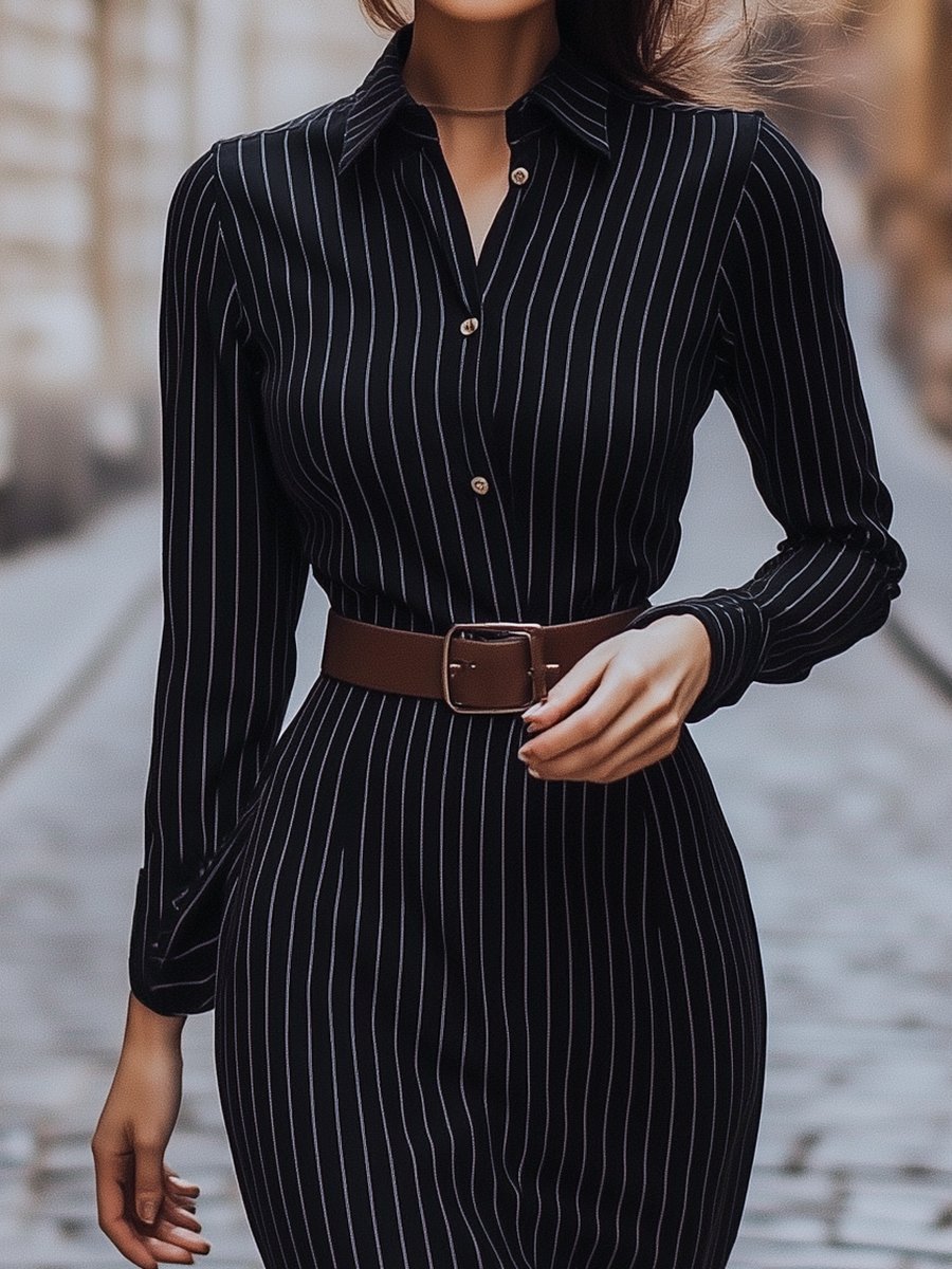 Classic Black Pinstripe Button-Down - Shirt Dress