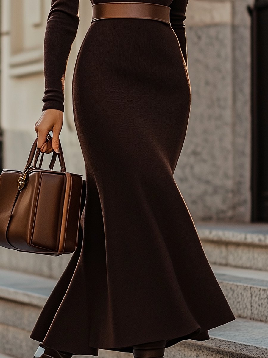 Sleek Espresso Turtleneck with Contrast Waistband - Midi Dress