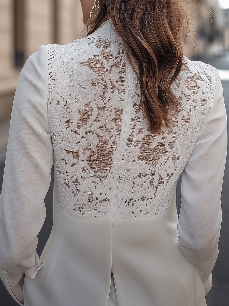 Elegant White Lace-Back Structured Silhouette - Blazer